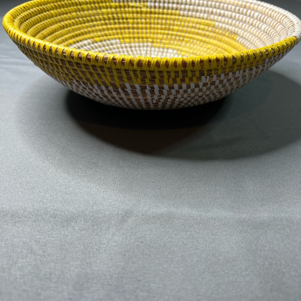 Handwoven Yellow & White Coil Basket Boho Coastal Decor - Picture 2 of 8